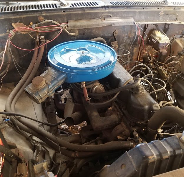 View under the hood, showing the engine, wires, leaves, and a blue air filter
