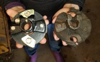 Old and new steering rag joints, in E.'s hands