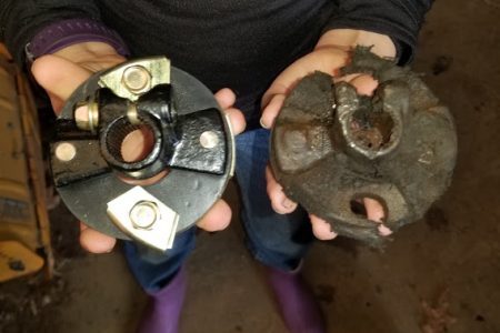 Old and new steering rag joints, in E.'s hands
